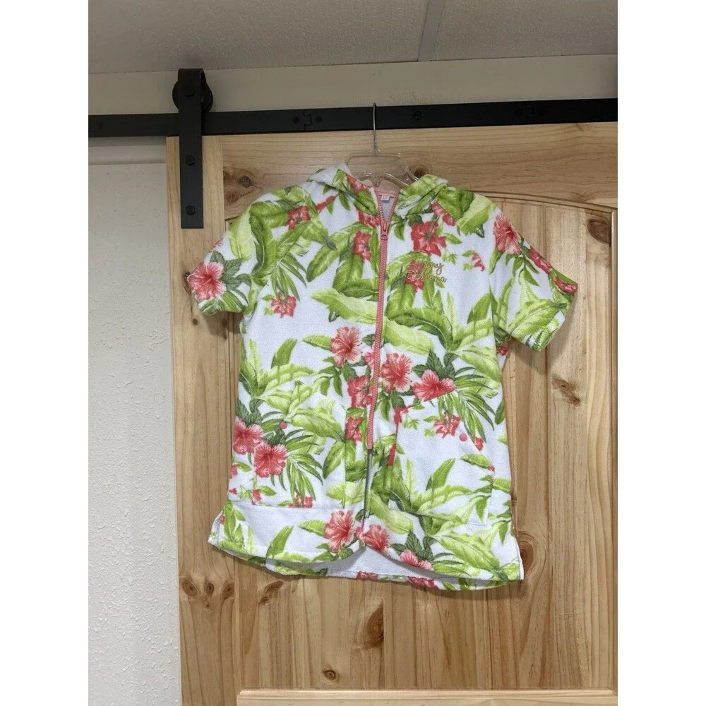Girls Tommy Bahama Zip Terry Swim Cover Up Floral Print Size L/XL 7-12 Hooded